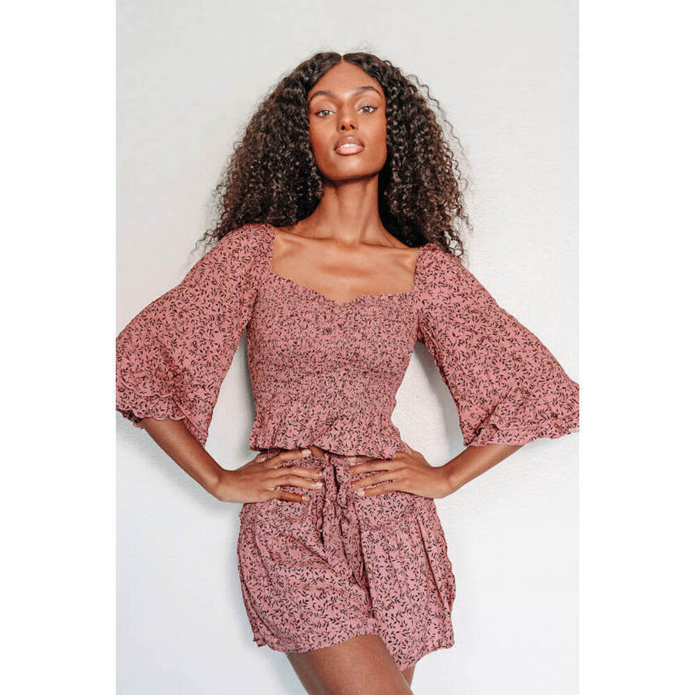 Lulus Sunset Seeker Mauve Pink Print Smocked Tiered Sleeve Top - Size M